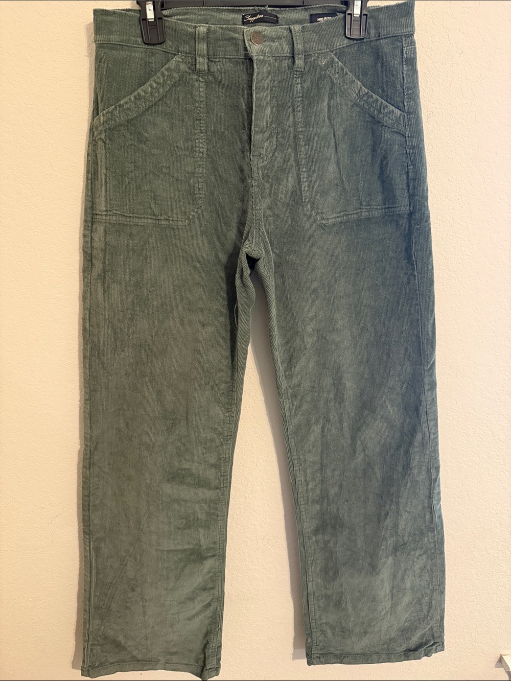 High-Rise Green Corduroy Straight Trousers